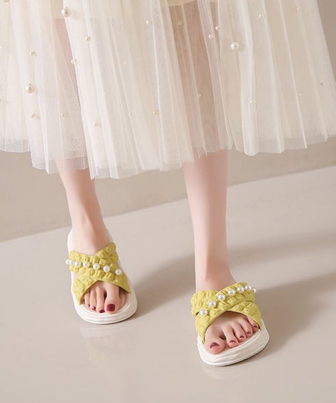 クロスベルト厚底サンダルスリッパサンダル コンフォートサンダル レディース 大人可愛い 歩きやすいフラットサンダル パール付き ビーチサンダル 軽量スリッパ 美脚 86CHYZ-001