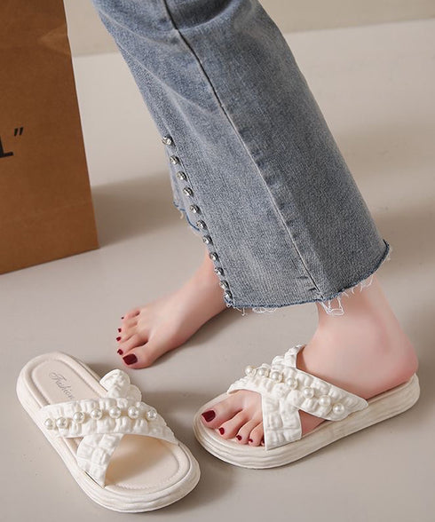 クロスベルト厚底サンダルスリッパサンダル コンフォートサンダル レディース 大人可愛い 歩きやすいフラットサンダル パール付き ビーチサンダル 軽量スリッパ 美脚 86CHYZ-001