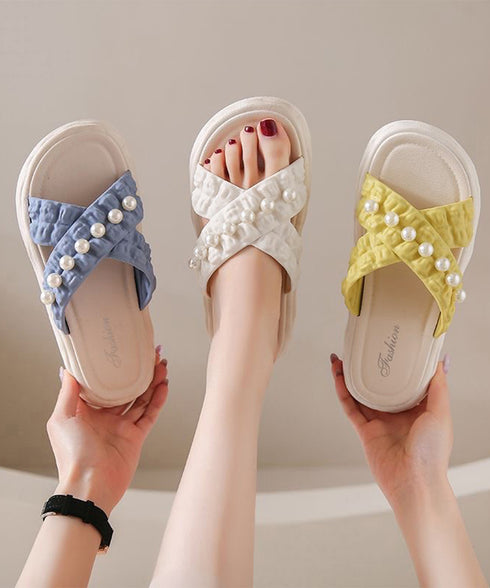 クロスベルト厚底サンダルスリッパサンダル コンフォートサンダル レディース 大人可愛い 歩きやすいフラットサンダル パール付き ビーチサンダル 軽量スリッパ 美脚 86CHYZ-001