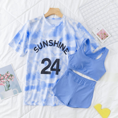 ラッシュガード付き ビキニ水着3点セット スイムウェア ショートパンツ スポーツブラ ラッシュガード 体型カバー水着 日焼け防止 着やせフィットネス水着 UV対策 86DSFS-001