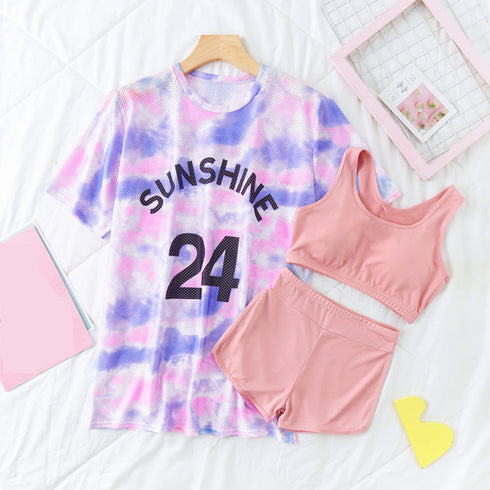 ラッシュガード付き ビキニ水着3点セット スイムウェア ショートパンツ スポーツブラ ラッシュガード 体型カバー水着 日焼け防止 着やせフィットネス水着 UV対策 86DSFS-001