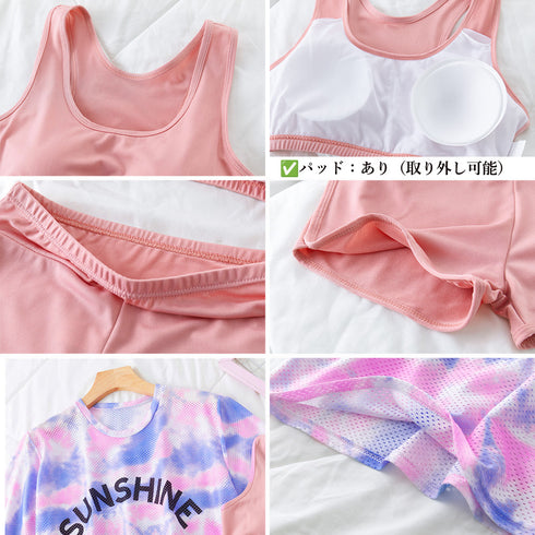 ラッシュガード付き ビキニ水着3点セット スイムウェア ショートパンツ スポーツブラ ラッシュガード 体型カバー水着 日焼け防止 着やせフィットネス水着 UV対策 86DSFS-001