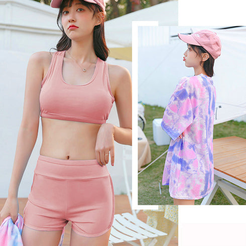 ラッシュガード付き ビキニ水着3点セット スイムウェア ショートパンツ スポーツブラ ラッシュガード 体型カバー水着 日焼け防止 着やせフィットネス水着 UV対策 86DSFS-001