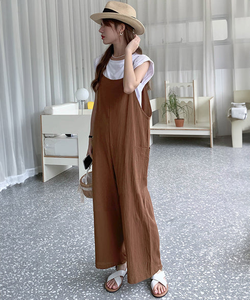 オールインワン サロペットパンツ 韓国風 ワイドパンツ レディース 着やせ オーバーオールパンツ ポケット付き キャミ サロペット ハイウエスト 体型カバーパンツ 86DUOB-001
