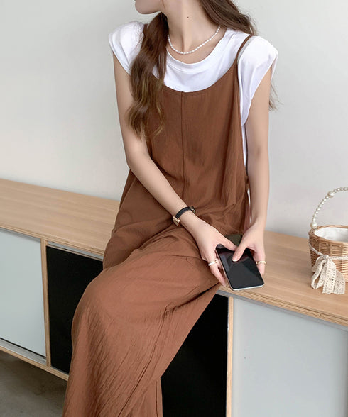 オールインワン サロペットパンツ 韓国風 ワイドパンツ レディース 着やせ オーバーオールパンツ ポケット付き キャミ サロペット ハイウエスト 体型カバーパンツ 86DUOB-001