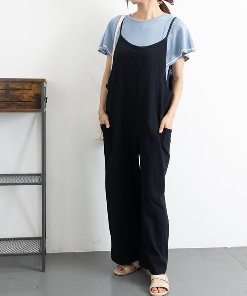 オールインワン サロペットパンツ 韓国風 ワイドパンツ レディース 着やせ オーバーオールパンツ ポケット付き キャミ サロペット ハイウエスト 体型カバーパンツ 86DUOB-001