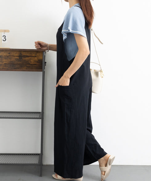 オールインワン サロペットパンツ 韓国風 ワイドパンツ レディース 着やせ オーバーオールパンツ ポケット付き キャミ サロペット ハイウエスト 体型カバーパンツ 86DUOB-001