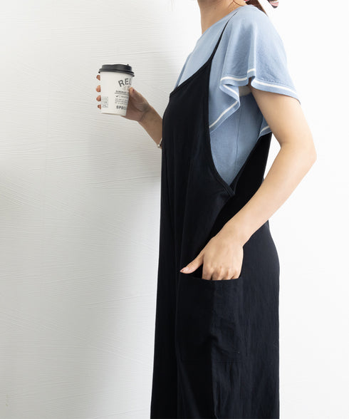 オールインワン サロペットパンツ 韓国風 ワイドパンツ レディース 着やせ オーバーオールパンツ ポケット付き キャミ サロペット ハイウエスト 体型カバーパンツ 86DUOB-001