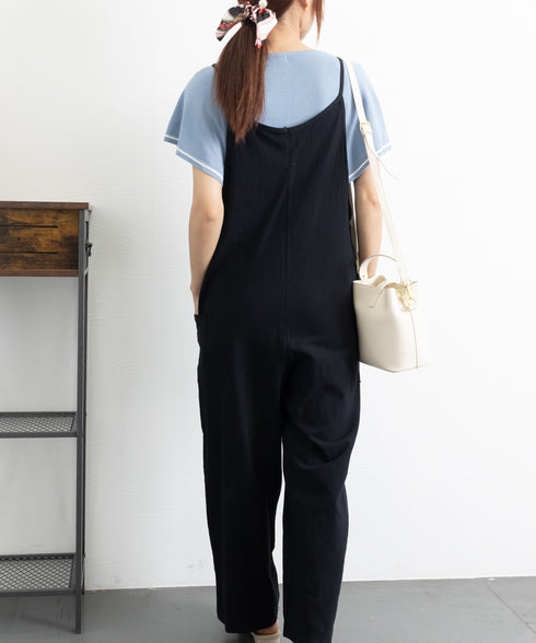 オールインワン サロペットパンツ 韓国風 ワイドパンツ レディース 着やせ オーバーオールパンツ ポケット付き キャミ サロペット ハイウエスト 体型カバーパンツ 86DUOB-001