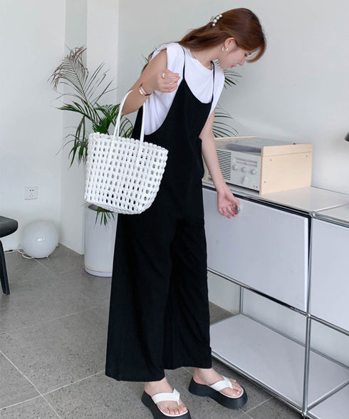 オールインワン サロペットパンツ 韓国風 ワイドパンツ レディース 着やせ オーバーオールパンツ ポケット付き キャミ サロペット ハイウエスト 体型カバーパンツ 86DUOB-001