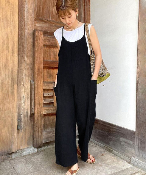 オールインワン サロペットパンツ 韓国風 ワイドパンツ レディース 着やせ オーバーオールパンツ ポケット付き キャミ サロペット ハイウエスト 体型カバーパンツ 86DUOB-001