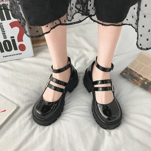 ローファー 黒 おでこ靴 厚底 パンプス レディース エナメル ドレスシューズ 痛くない ストラップ 靴 太ヒール 厚底ローファー 美脚 歩きやすい コスプレ衣装 86DUOYA-001