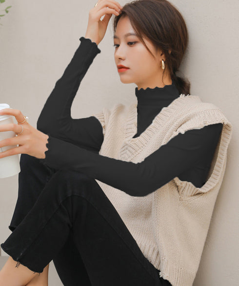 メロウトップス 重ね着ハイネックインナー トップス レディース きれいめ レイヤード ピーチ起毛インナー プチプラ 韓国ファッション カットソーオフィスカジュアル 86FS-001