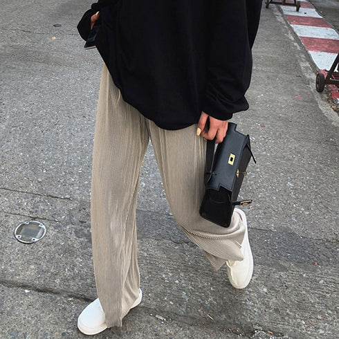 プリーツパンツ セルフカットワイドパンツ レディース ハイウエスト ストレートパンツ 体型カバーイージーパンツ 着やせ ロングパンツ ウエストゴム ボトムス 無地 86HANSHU-001