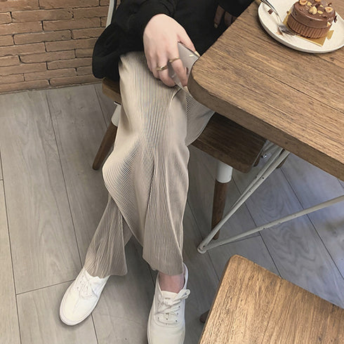 プリーツパンツ セルフカットワイドパンツ レディース ハイウエスト ストレートパンツ 体型カバーイージーパンツ 着やせ ロングパンツ ウエストゴム ボトムス 無地 86HANSHU-001