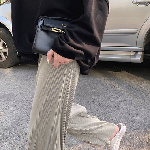 プリーツパンツ セルフカットワイドパンツ レディース ハイウエスト ストレートパンツ 体型カバーイージーパンツ 着やせ ロングパンツ ウエストゴム ボトムス 無地 86HANSHU-001