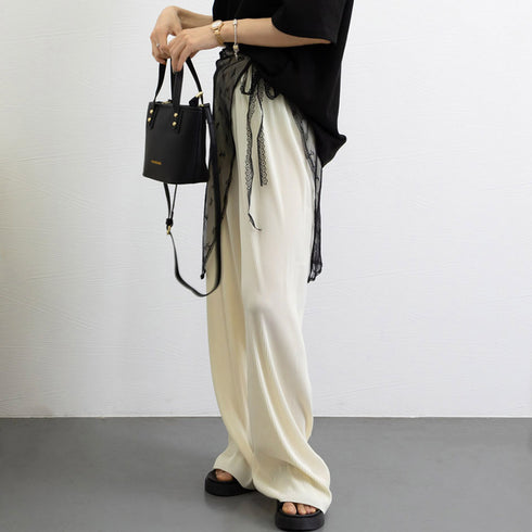 プリーツパンツ セルフカットワイドパンツ レディース ハイウエスト ストレートパンツ 体型カバーイージーパンツ 着やせ ロングパンツ ウエストゴム ボトムス 無地 86HANSHU-001