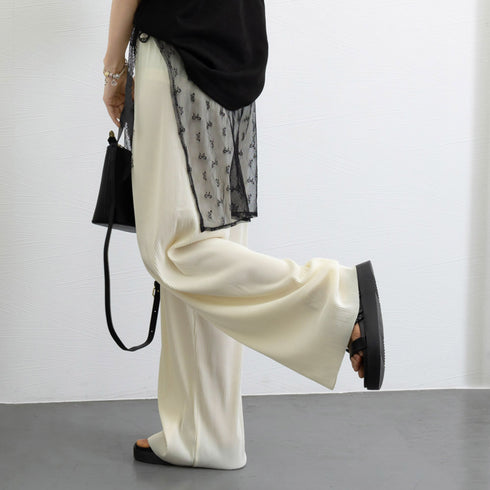 プリーツパンツ セルフカットワイドパンツ レディース ハイウエスト ストレートパンツ 体型カバーイージーパンツ 着やせ ロングパンツ ウエストゴム ボトムス 無地 86HANSHU-001