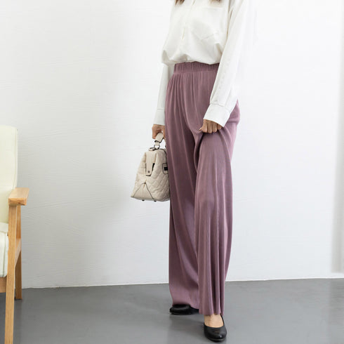 プリーツパンツ セルフカットワイドパンツ レディース ハイウエスト ストレートパンツ 体型カバーイージーパンツ 着やせ ロングパンツ ウエストゴム ボトムス 無地 86HANSHU-001