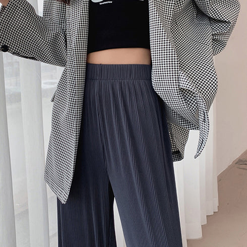 プリーツパンツ セルフカットワイドパンツ レディース ハイウエスト ストレートパンツ 体型カバーイージーパンツ 着やせ ロングパンツ ウエストゴム ボトムス 無地 86HANSHU-001