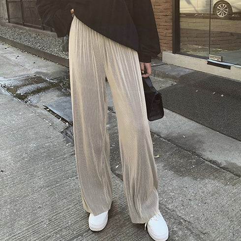 プリーツパンツ セルフカットワイドパンツ レディース ハイウエスト ストレートパンツ 体型カバーイージーパンツ 着やせ ロングパンツ ウエストゴム ボトムス 無地 86HANSHU-001