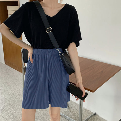 レディース ハイウエスト ハーフパンツ プリーツ ショートパンツ 春夏 ウエストゴム カジュアルパンツ 着やせ ゆったり ワイド ショーパン リラックス 短パン 86HANSHU-002