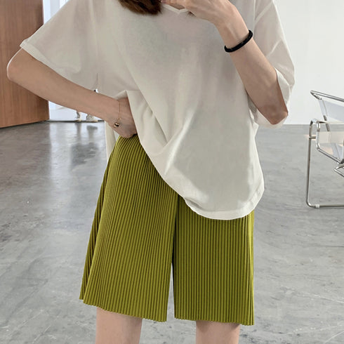 レディース ハイウエスト ハーフパンツ プリーツ ショートパンツ 春夏 ウエストゴム カジュアルパンツ 着やせ ゆったり ワイド ショーパン リラックス 短パン 86HANSHU-002