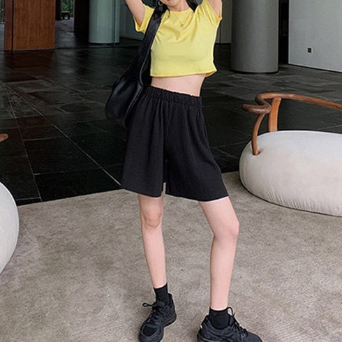 レディース ハイウエスト ハーフパンツ プリーツ ショートパンツ 春夏 ウエストゴム カジュアルパンツ 着やせ ゆったり ワイド ショーパン リラックス 短パン 86HANSHU-002