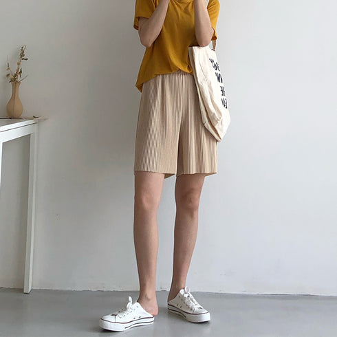 レディース ハイウエスト ハーフパンツ プリーツ ショートパンツ 春夏 ウエストゴム カジュアルパンツ 着やせ ゆったり ワイド ショーパン リラックス 短パン 86HANSHU-002