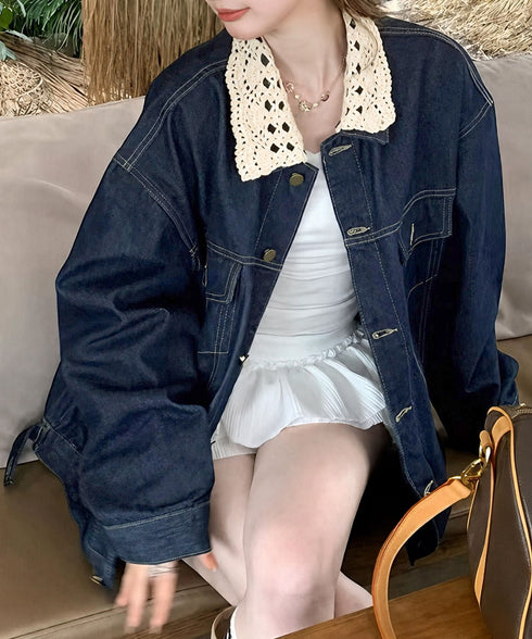 レース襟デニムジャケットレディース韓国風 ガーリー長袖アウター ゆったりレトロGジャンフェミニン体型カバー可愛い春秋ジャケット オーバーサイズデニムブルゾン着やせ 86HANYAM-007