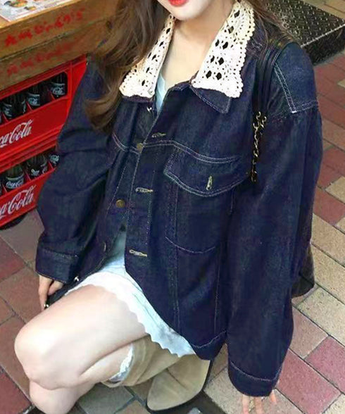 レース襟デニムジャケットレディース韓国風 ガーリー長袖アウター ゆったりレトロGジャンフェミニン体型カバー可愛い春秋ジャケット オーバーサイズデニムブルゾン着やせ 86HANYAM-007