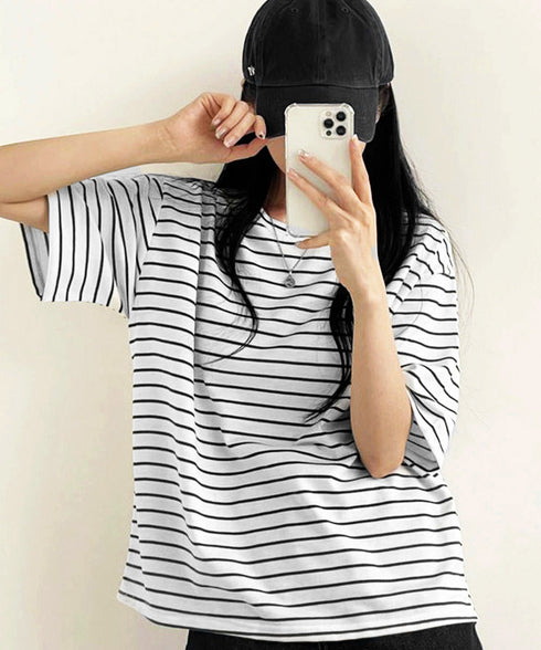 ボーダー柄tシャツ レディース 半袖夏服 ラウンドネック 配色ボーダー半袖 ロングTシャツ ゆったり着やせプルオーバー 着回しカットソー 体型カバー ゆるt韓国風 86HJHY-001