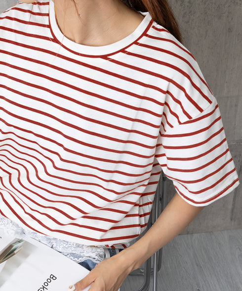 ボーダー柄tシャツ レディース 半袖夏服 ラウンドネック 配色ボーダー半袖 ロングTシャツ ゆったり着やせプルオーバー 着回しカットソー 体型カバー ゆるt韓国風 86HJHY-001