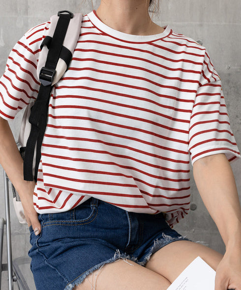 ボーダー柄tシャツ レディース 半袖夏服 ラウンドネック 配色ボーダー半袖 ロングTシャツ ゆったり着やせプルオーバー 着回しカットソー 体型カバー ゆるt韓国風 86HJHY-001