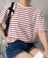 ボーダー柄tシャツ レディース 半袖夏服 ラウンドネック 配色ボーダー半袖 ロングTシャツ ゆったり着やせプルオーバー 着回しカットソー 体型カバー ゆるt韓国風 86HJHY-001
