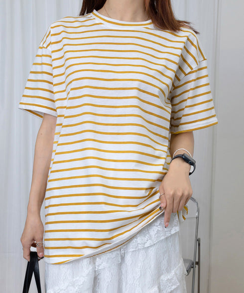 ボーダー柄tシャツ レディース 半袖夏服 ラウンドネック 配色ボーダー半袖 ロングTシャツ ゆったり着やせプルオーバー 着回しカットソー 体型カバー ゆるt韓国風 86HJHY-001