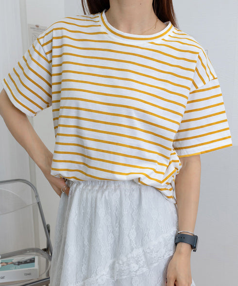 ボーダー柄tシャツ レディース 半袖夏服 ラウンドネック 配色ボーダー半袖 ロングTシャツ ゆったり着やせプルオーバー 着回しカットソー 体型カバー ゆるt韓国風 86HJHY-001