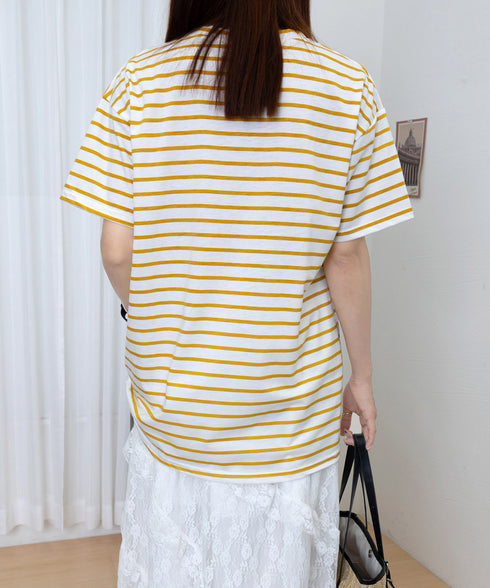 ボーダー柄tシャツ レディース 半袖夏服 ラウンドネック 配色ボーダー半袖 ロングTシャツ ゆったり着やせプルオーバー 着回しカットソー 体型カバー ゆるt韓国風 86HJHY-001