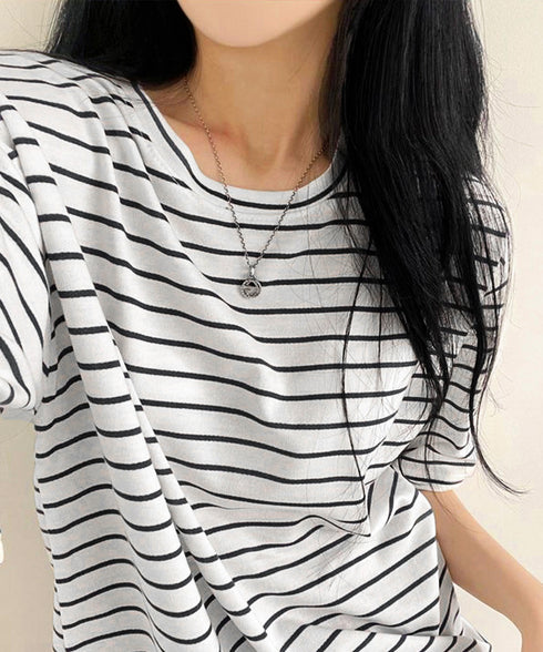 ボーダー柄tシャツ レディース 半袖夏服 ラウンドネック 配色ボーダー半袖 ロングTシャツ ゆったり着やせプルオーバー 着回しカットソー 体型カバー ゆるt韓国風 86HJHY-001