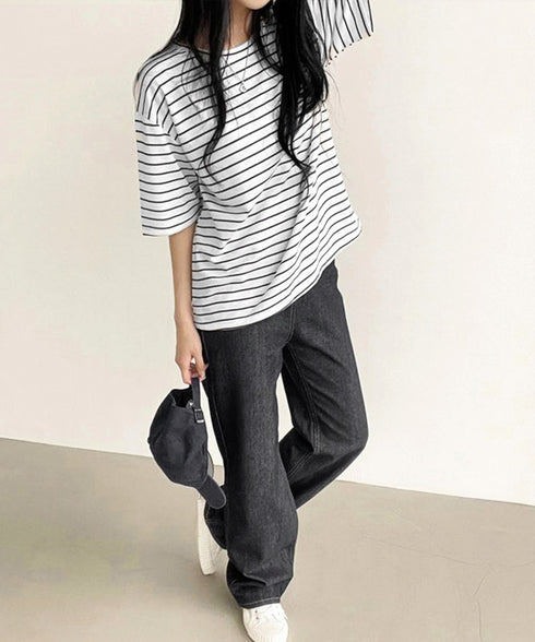 ボーダー柄tシャツ レディース 半袖夏服 ラウンドネック 配色ボーダー半袖 ロングTシャツ ゆったり着やせプルオーバー 着回しカットソー 体型カバー ゆるt韓国風 86HJHY-001