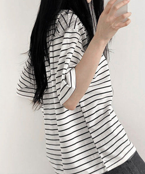 ボーダー柄tシャツ レディース 半袖夏服 ラウンドネック 配色ボーダー半袖 ロングTシャツ ゆったり着やせプルオーバー 着回しカットソー 体型カバー ゆるt韓国風 86HJHY-001