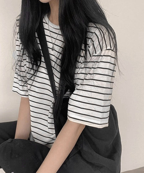 ボーダー柄tシャツ レディース 半袖夏服 ラウンドネック 配色ボーダー半袖 ロングTシャツ ゆったり着やせプルオーバー 着回しカットソー 体型カバー ゆるt韓国風 86HJHY-001