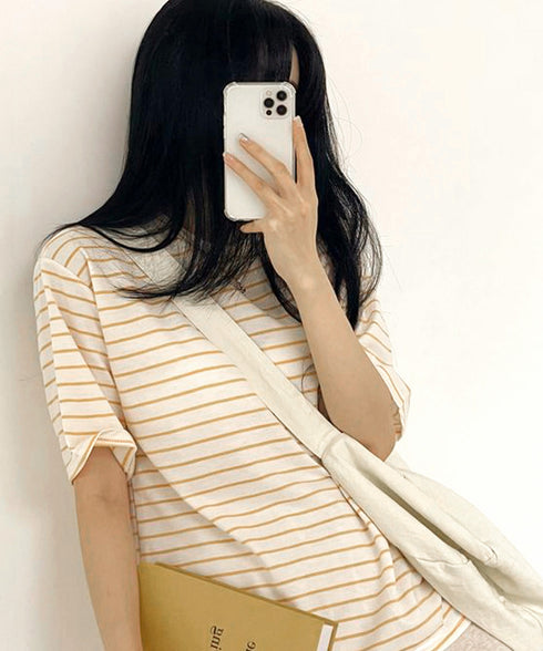 ボーダー柄tシャツ レディース 半袖夏服 ラウンドネック 配色ボーダー半袖 ロングTシャツ ゆったり着やせプルオーバー 着回しカットソー 体型カバー ゆるt韓国風 86HJHY-001