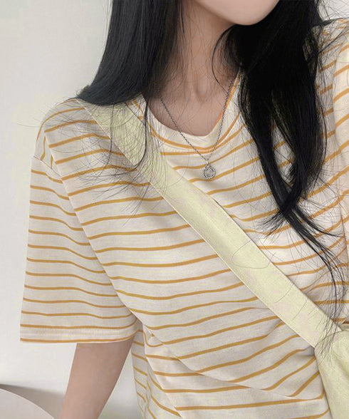 ボーダー柄tシャツ レディース 半袖夏服 ラウンドネック 配色ボーダー半袖 ロングTシャツ ゆったり着やせプルオーバー 着回しカットソー 体型カバー ゆるt韓国風 86HJHY-001