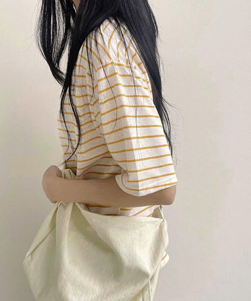 ボーダー柄tシャツ レディース 半袖夏服 ラウンドネック 配色ボーダー半袖 ロングTシャツ ゆったり着やせプルオーバー 着回しカットソー 体型カバー ゆるt韓国風 86HJHY-001