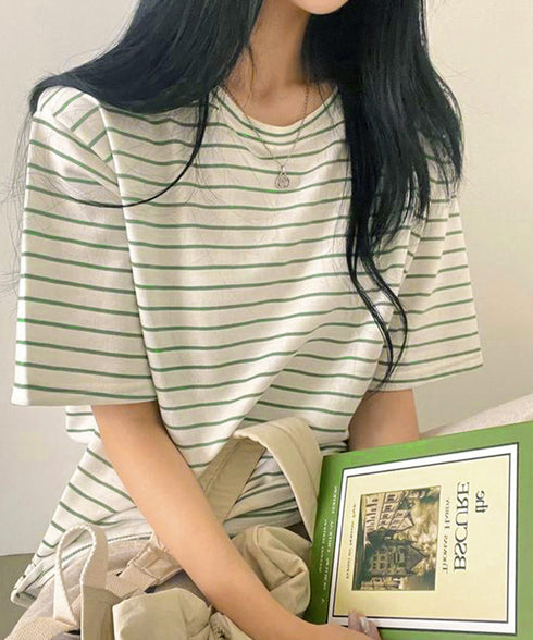 ボーダー柄tシャツ レディース 半袖夏服 ラウンドネック 配色ボーダー半袖 ロングTシャツ ゆったり着やせプルオーバー 着回しカットソー 体型カバー ゆるt韓国風 86HJHY-001