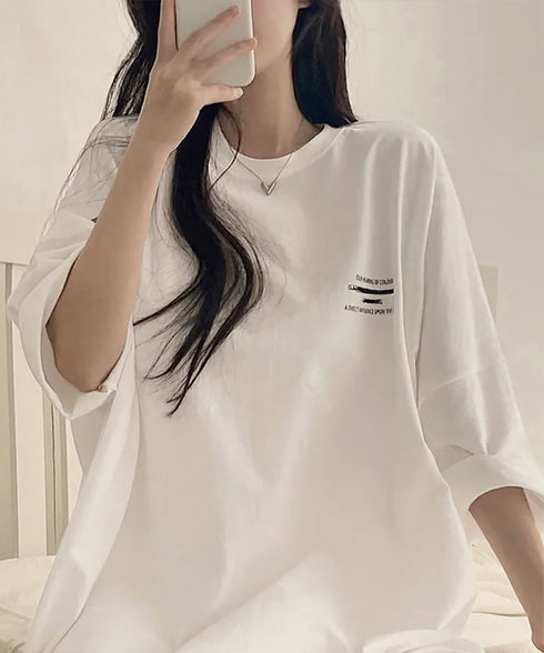 ビッグシルエットロゴtシャツ レディース 英字プリントtシャツ 体型カバー ドロップショルダー おしゃれ 着やせトップスカジュアル チュニックtシャツ 半袖韓国風 86HJHY-002