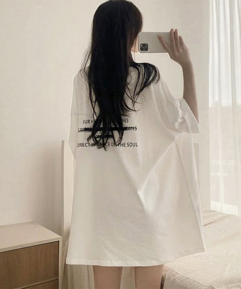 ビッグシルエットロゴtシャツ レディース 英字プリントtシャツ 体型カバー ドロップショルダー おしゃれ 着やせトップスカジュアル チュニックtシャツ 半袖韓国風 86HJHY-002