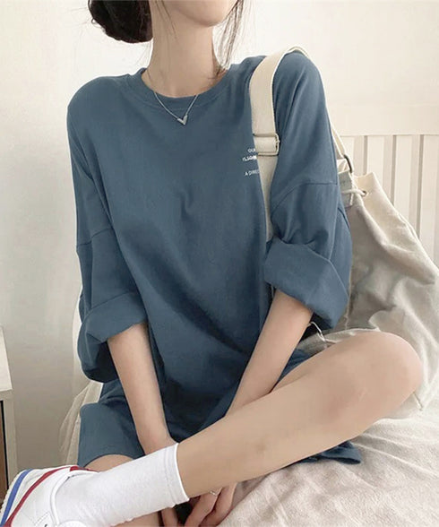 ビッグシルエットロゴtシャツ レディース 英字プリントtシャツ 体型カバー ドロップショルダー おしゃれ 着やせトップスカジュアル チュニックtシャツ 半袖韓国風 86HJHY-002