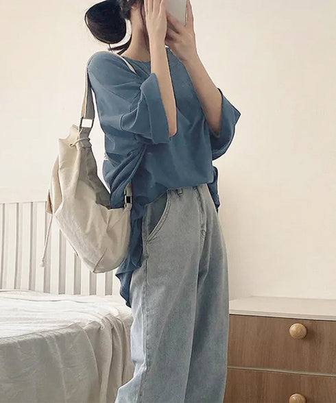 ビッグシルエットロゴtシャツ レディース 英字プリントtシャツ 体型カバー ドロップショルダー おしゃれ 着やせトップスカジュアル チュニックtシャツ 半袖韓国風 86HJHY-002